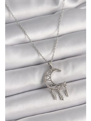 Clariss 316L Çelik Gümüş Renk Zincir Zirkon Taşlı Hilal Model Sallantı Yaprak Detay Kadın Kolye