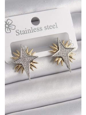 Clariss Pirinç Gold Gümüş Renk Zirkon Taşlı Kutup Yılıdız Model Kadın Küpe