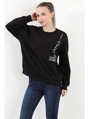 Kadın Bisiklet Yaka Sportstyl Baskılı Pamuklu Sweatshirt Siyah - 2578