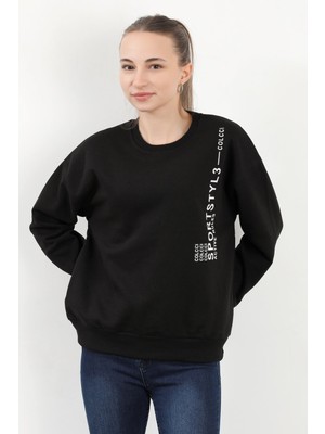 Kadın Bisiklet Yaka Sportstyl Baskılı Pamuklu Sweatshirt Siyah - 2578