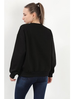 Kadın Bisiklet Yaka Sportstyl Baskılı Pamuklu Sweatshirt Siyah - 2578