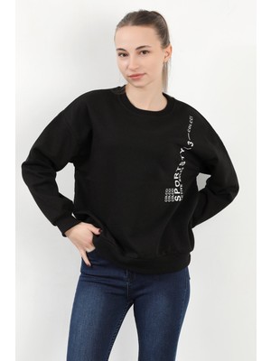 Kadın Bisiklet Yaka Sportstyl Baskılı Pamuklu Sweatshirt Siyah - 2578