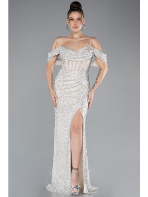 Abiyefon Bacak ve Omuz Dekolteli Uzun Boncuklu Abiye ABU4394