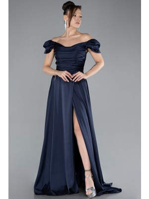 Abiyefon Kayık Yaka Yırtmaçlı Uzun Saten Abiye Elbise ABU4508