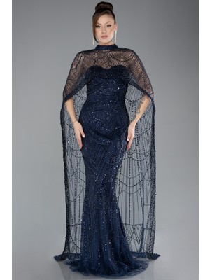 Abiyefon Straplez Boncuk Işlemeli Şal Detaylı Uzun Abiye ABU4517