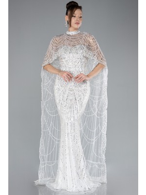 Abiyefon Straplez Boncuk Işlemeli Şal Detaylı Uzun Abiye ABU4517