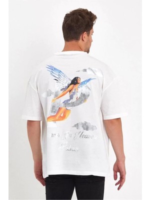 Erkek Melek Baskılı Oversize T-Shirt - Beyaz