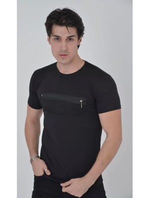 Erkek Göğüste Fermuar Aksesuarlı Dar Kalıp T-Shirt - Siyah