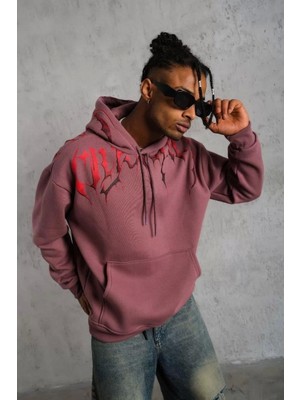 Erkek Ön ve Arka Baskılı Kapüşonlu 3 Iplik Sweatshirt - Gül Kurusu