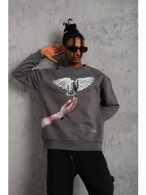 Erkek Güvercin Baskılı Sweatshirt - Gri