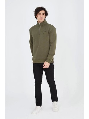 Erkek Yarım Fermuarlı Baskılı Sweat - Yeşil