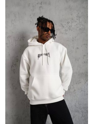 Erkek Kordon Ipli Baskılı Kapüşonlu Sweatshirt - Beyaz
