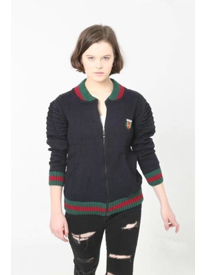 Kadın Tam Fermuarlı Triko Hırka - Lacivert