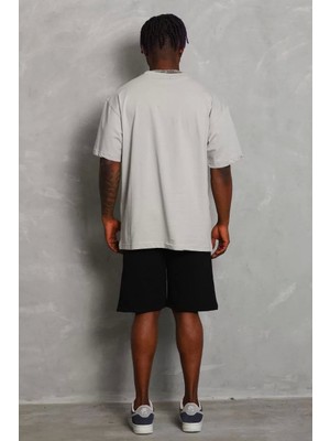 Unisex Oversize Düz Bisiklet Yaka T-Shirt - Gri