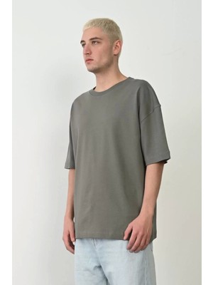 Unisex Basic Bisiklet Yaka Oversize T-Shirt - Füme
