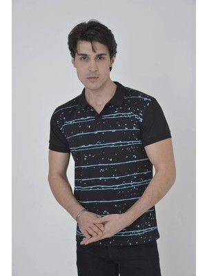 Erkek Yakalı Slim Fit Pike Çizgili T-Shirt - Siyah
