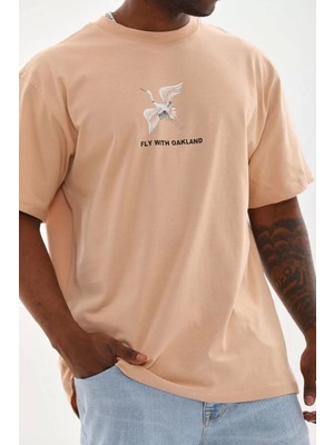 Unisex Baskılı Oversize T-Shirt - Bej