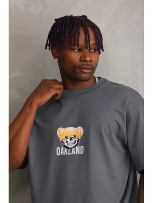 Unisex Baskılı Oversize T-Shirt - Füme