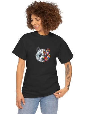 Unisex Kadın Bisiklet Yaka Baskılı T-Shirt - Siyah