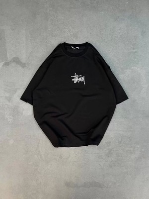 Unisex Bisiklet Yaka Baskılı Oversize T-Shirt - Siyah