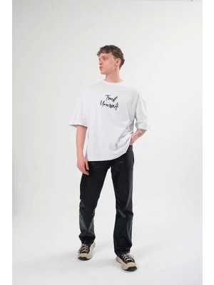 Unisex Bisiklet Yaka Baskılı Oversize T-Shirt - Beyaz