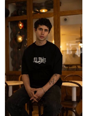 Unisex Bisiklet Yaka Baskılı Oversize T-Shirt - Siyah