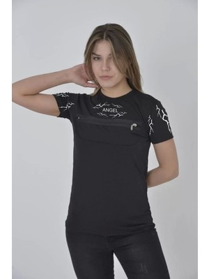 Unisex Göğüs Fermuarlı Baskılı T-Shirt - Siyah