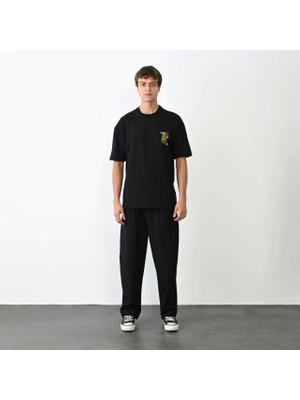 Unisex Bisiklet Yaka Baskılı Oversize T-Shirt - Siyah