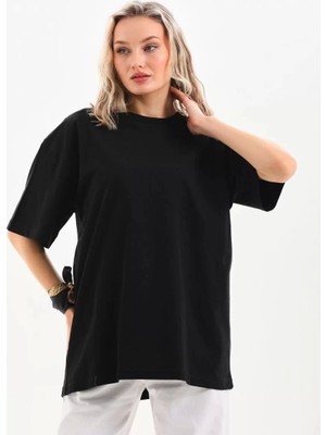 Unisex Bisiklet Yaka 20/1 Düz Oversize T-Shirt - Siyah