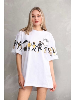 Unisex Bisiklet Yaka Baskılı Oversize T-Shirt - Beyaz