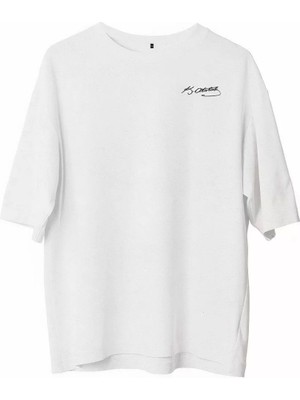 Unisex Bisiklet Yaka Baskılı Oversize T-Shirt - Beyaz