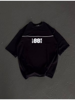 Unisex Bisiklet Yaka Baskılı Oversize T-Shirt - Siyah