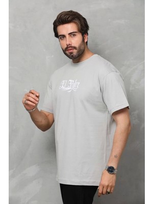 Unisex Bisiklet Yaka Baskılı Oversize T-Shirt - Gri