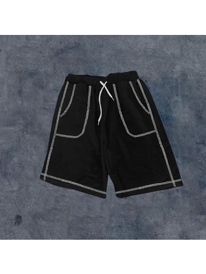 Unisex Dikişli Cepli Oversize Şort - Siyah