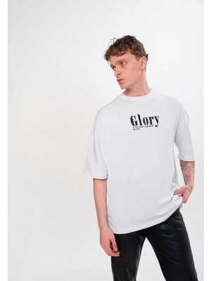 Unisex Bisiklet Yaka Baskılı Oversize T-Shirt - Siyah