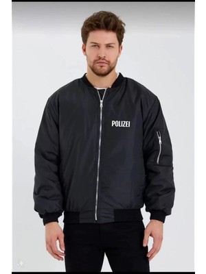 Unisex Uzun Kol Baskılı Bomber Ceket - Siyah