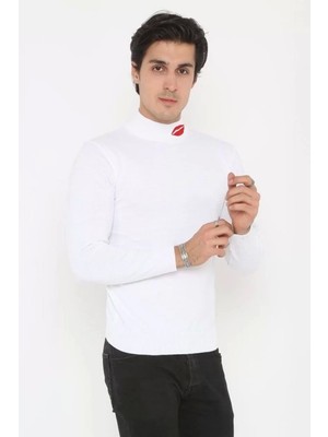 Unisex Yarım Boğazlı Baskılı Dokuma Triko - Beyaz