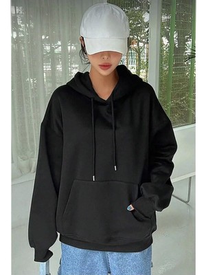 Kadın Uzun Kol Kapşonlu Basic Sweatshirt Hoodie - Siyah