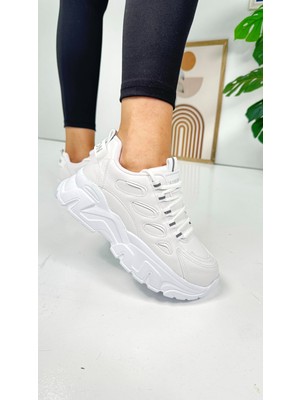 Nstil Günlük Kadın Sneaker Bağcıklı Yüksek Kalın Tabanlı Oval Burunlu Rahat Hafif Spor Ayakkabı 1001