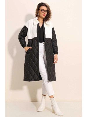 Kadın Beyaz Peluş Detaylı Oversize Kapitone Uzun Mont HZL25W-BD151851