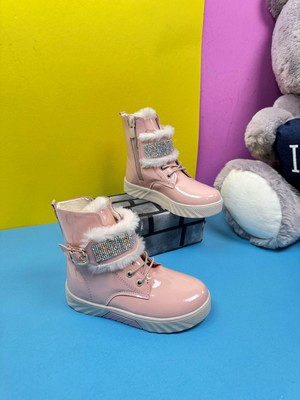 Nstil Günlük Kız Çocuk  Rugan Bot Fermuarlı  Lastik Bağcıklı Kürk ve Taş Detaylı Kaymaz Taban Bootie 391