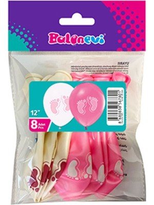 Tatlı Günler 1+1 Mınık Ayaklar Baskılı Metalik Pembe ve Beyaz 12" Balon 8'li
