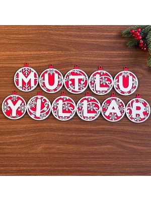 Yusa Stores 11 Harfli Kırmızı Beyaz İpli MUTLU YILLAR Yazılı Ahşap Yılbaşı Ağaç Süsü