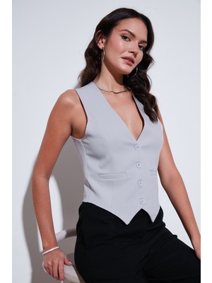 Lela Fitted Fit Düğmeli V Yaka Düğmeli Yelek Bayan Yelek 6696796
