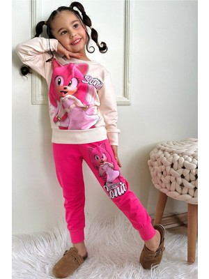 Yağmur Giyim Pjk2i Kız Sonic Desenli Fuşya 2 Ip %100 Pamuk Kız Çocuk Eşofman Takımı 3-10 Yaş 7441-F