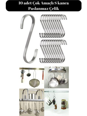 10 Adet Çok Amaçlı Paslanmaz Çelik S Kanca - Mutfak Banyo Depo Gardırop Kancası