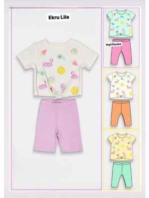 Yağmur Giyim Güneşli Karpuzlu Yaz Desenli Ekru-Lila Kısa Taytlı Kız Çocuk Takımı 2-5 Yaş 24028