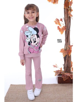 Pjk2i Minnie Desenli Gül Kurusu Fitilli Taytlı 2 Ip %100 Pamuk Kız Çocuk Takımı 3-10 Yaş 7259-GK
