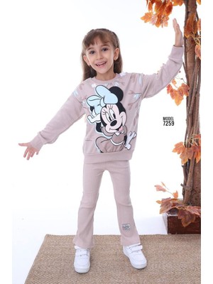 Pjk2i Minnie Desenli Bej Fitilli Taytlı 2 Ip %100 Pamuk Kız Çocuk Takımı 3-10 Yaş 7259-B