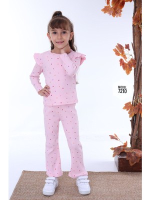 Yağmur Giyim Pjk2i Kalp Desenli Pembe Fitilli 2 Ip %100 Pamuk Kız Çocuk Takımı 3-10 Yaş 7210-P